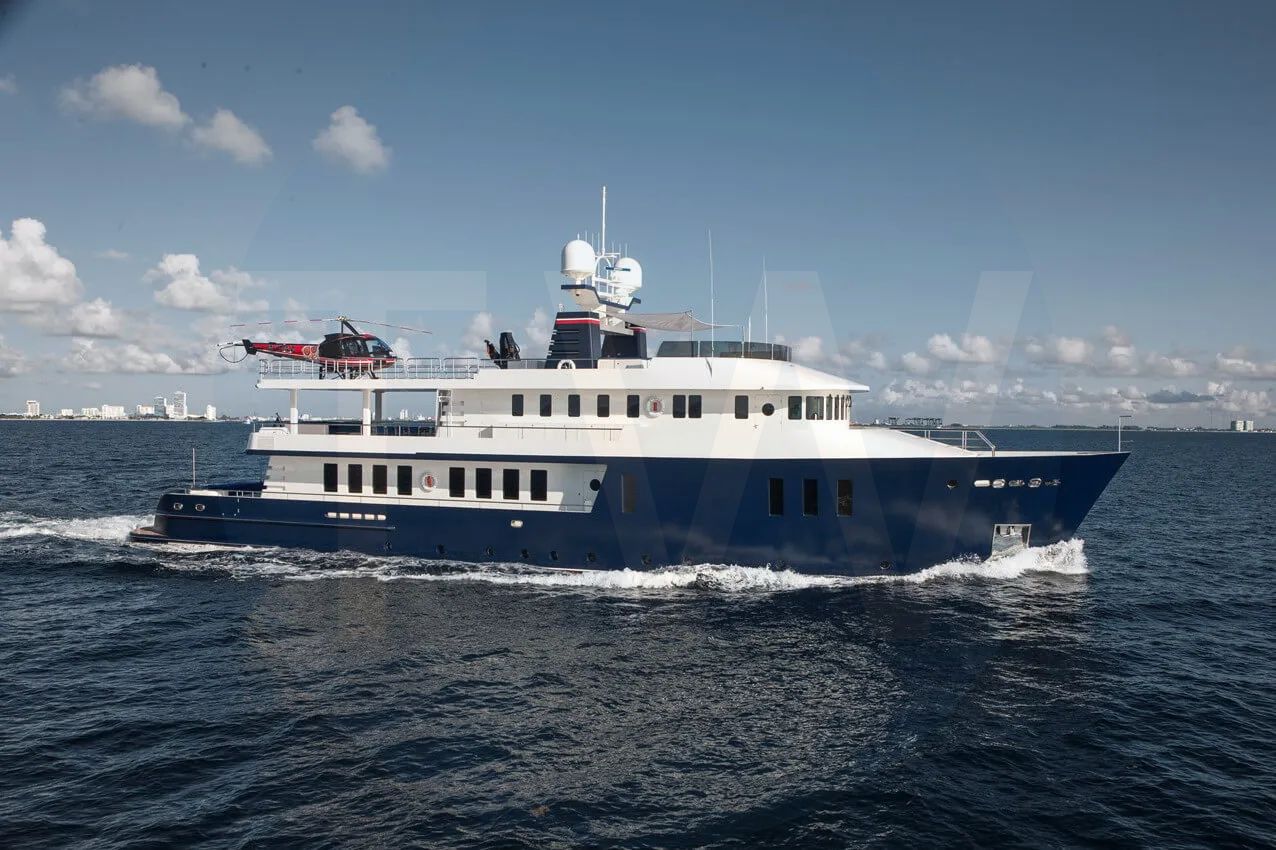 White The Big Blue yacht for sale and price, showing the details and features of the interior and exterior available for purchase from LIME Yachts and Brokerage located in Fort Lauderdale Florida.